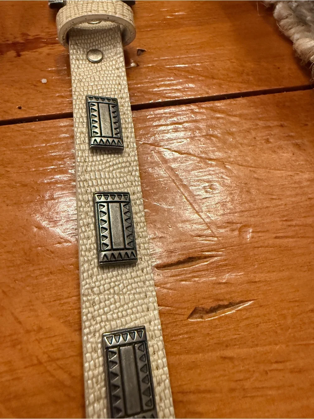 Vintage Cream Faux Lizard Western Concho Belt Silver Tone Buckle 36”